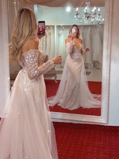 Vestido de noche árabe blanco nude sirena elegante sexy con hombros descubiertos y lentejuelas de lujo 2025 fiesta LA71892 