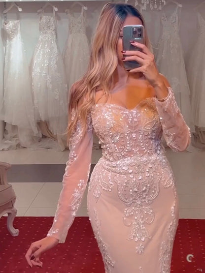 Vestido de noche árabe blanco nude sirena elegante sexy con hombros descubiertos y lentejuelas de lujo 2025 fiesta LA71892 