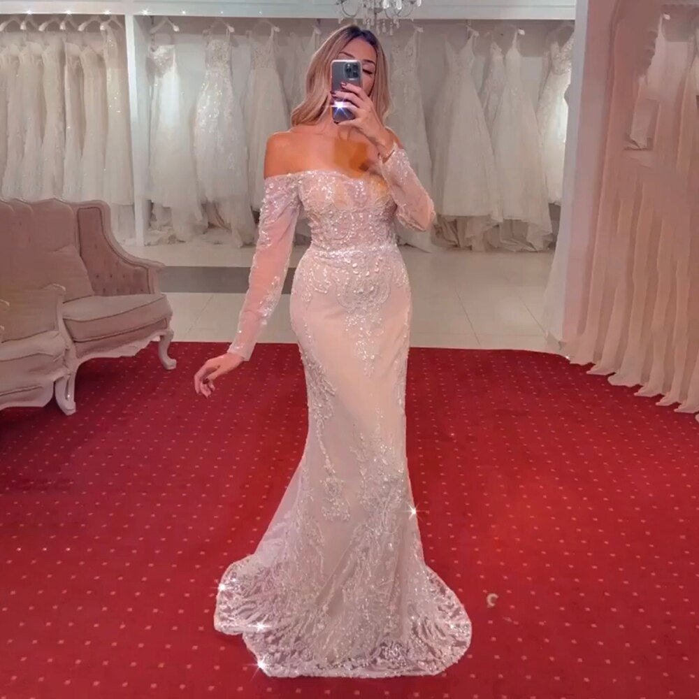 Arabisch Weiß Nude Meerjungfrau Elegante Sexy Weg Von Der Schulter Abendkleider Kleider Luxus Pailletten 2025 Party LA71892 