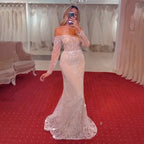 Arabisch Weiß Nude Meerjungfrau Elegante Sexy Weg Von Der Schulter Abendkleider Kleider Luxus Pailletten 2025 Party LA71892 
