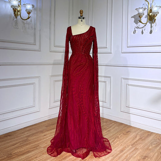 Vestido de noche elegante de sirena con mangas estilo capa y cuentas, color vino tinto árabe, para mujer, fiesta 2025, LA71838 
