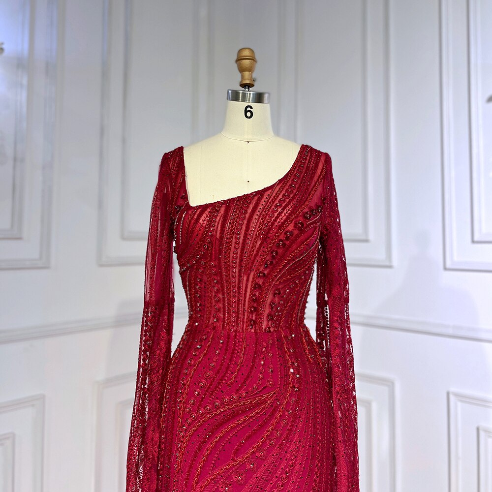 Vestido de noche elegante de sirena con mangas estilo capa y cuentas, color vino tinto árabe, para mujer, fiesta 2025, LA71838 
