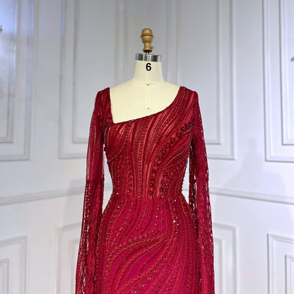 Vestido de noche elegante de sirena con mangas estilo capa y cuentas, color vino tinto árabe, para mujer, fiesta 2025, LA71838 