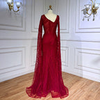 Arabic Wine Red Mermaid Elegant Cape Sleeves Beaded Luxury Evening Dresses Gowns For Women Party 2025 LA71838