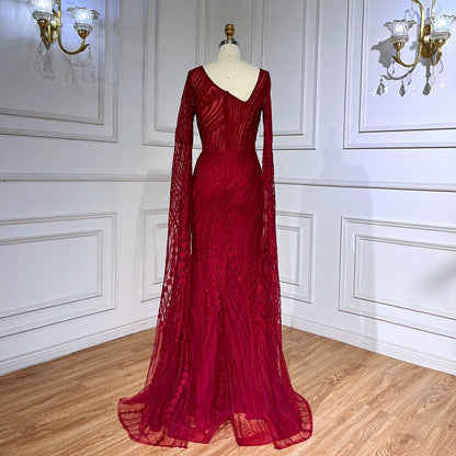 Vestido de noche elegante de sirena con mangas estilo capa y cuentas, color vino tinto árabe, para mujer, fiesta 2025, LA71838 