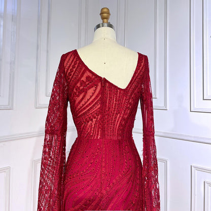 Vestido de noche elegante de sirena con mangas estilo capa y cuentas, color vino tinto árabe, para mujer, fiesta 2025, LA71838 