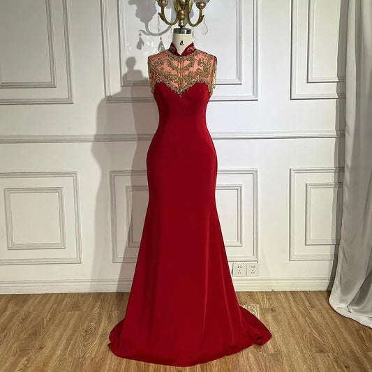 Elegante vestido de noche árabe de sirena color vino tinto con cuentas de satén de lujo estilo Dubái para mujer, vestido de fiesta de boda 2025 LA72556 