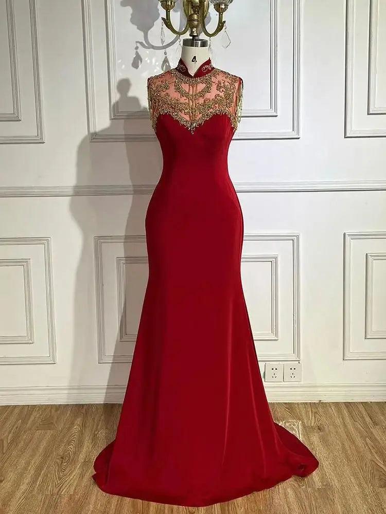 Arabic Wine Red Mermaid Elegant Satin Beaded Luxury Dubai Evening Dresses Gowns For Women Wedding Party 2025 LA72556