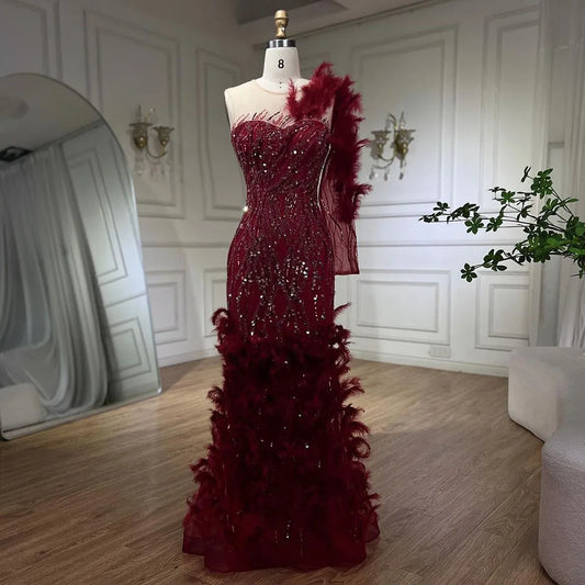 Vestidos de noche de lujo estilo sirena, color vino tinto árabe, con plumas y abalorios, elegantes para mujer, para fiesta de bodas 2025 LA71076 