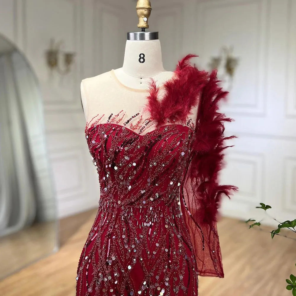 Vestidos de noche de lujo estilo sirena, color vino tinto árabe, con plumas y abalorios, elegantes para mujer, para fiesta de bodas 2025 LA71076 