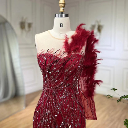 Vestidos de noche de lujo estilo sirena, color vino tinto árabe, con plumas y abalorios, elegantes para mujer, para fiesta de bodas 2025 LA71076 