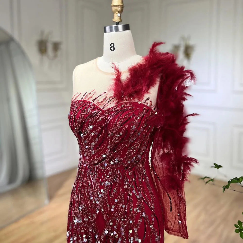 Vestidos de noche de lujo estilo sirena, color vino tinto árabe, con plumas y abalorios, elegantes para mujer, para fiesta de bodas 2025 LA71076 