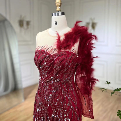 Vestidos de noche de lujo estilo sirena, color vino tinto árabe, con plumas y abalorios, elegantes para mujer, para fiesta de bodas 2025 LA71076 