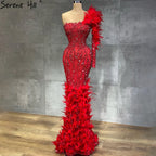 Vestidos de noche de lujo estilo sirena, color vino tinto árabe, con plumas y abalorios, elegantes para mujer, para fiesta de bodas 2025 LA71076 