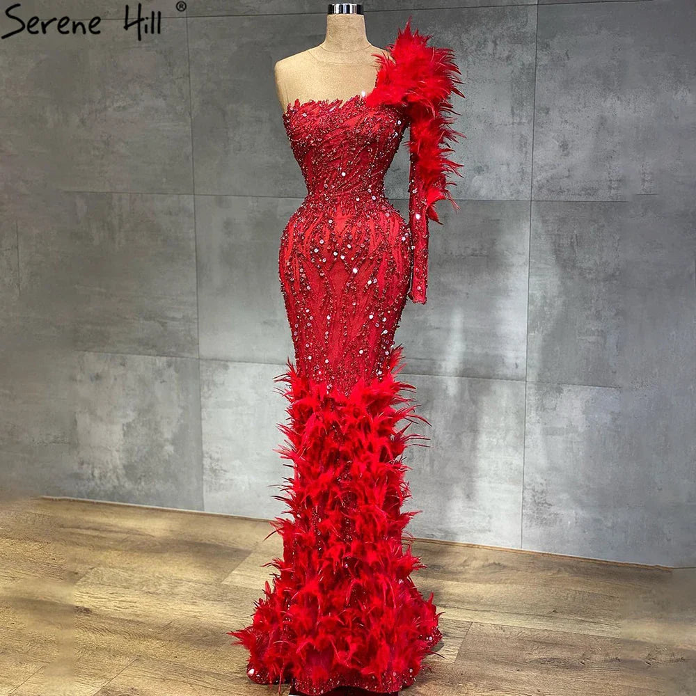 Vestidos de noche de lujo estilo sirena, color vino tinto árabe, con plumas y abalorios, elegantes para mujer, para fiesta de bodas 2025 LA71076 