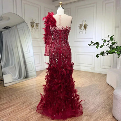 Vestidos de noche de lujo estilo sirena, color vino tinto árabe, con plumas y abalorios, elegantes para mujer, para fiesta de bodas 2025 LA71076 