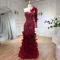 Vestidos de noche de lujo estilo sirena, color vino tinto árabe, con plumas y abalorios, elegantes para mujer, para fiesta de bodas 2025 LA71076 