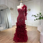 Vestidos de noche de lujo estilo sirena, color vino tinto árabe, con plumas y abalorios, elegantes para mujer, para fiesta de bodas 2025 LA71076 