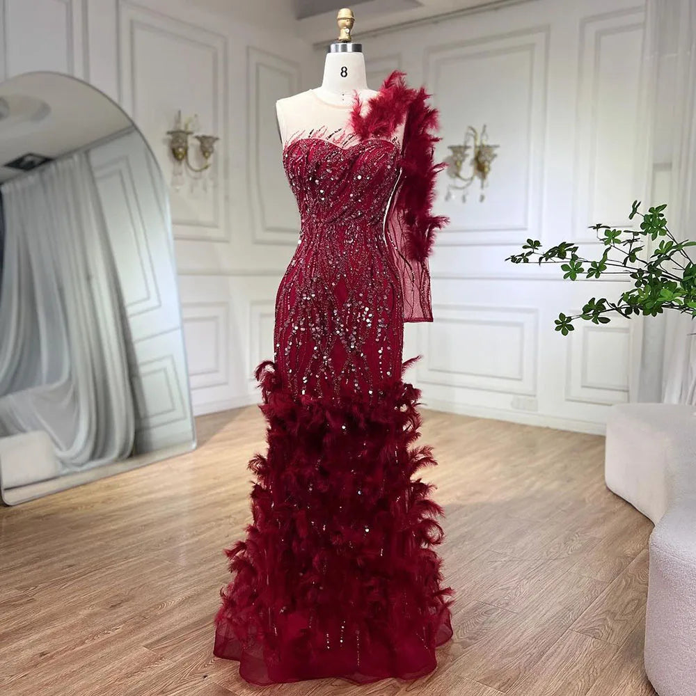 Vestidos de noche de lujo estilo sirena, color vino tinto árabe, con plumas y abalorios, elegantes para mujer, para fiesta de bodas 2025 LA71076 