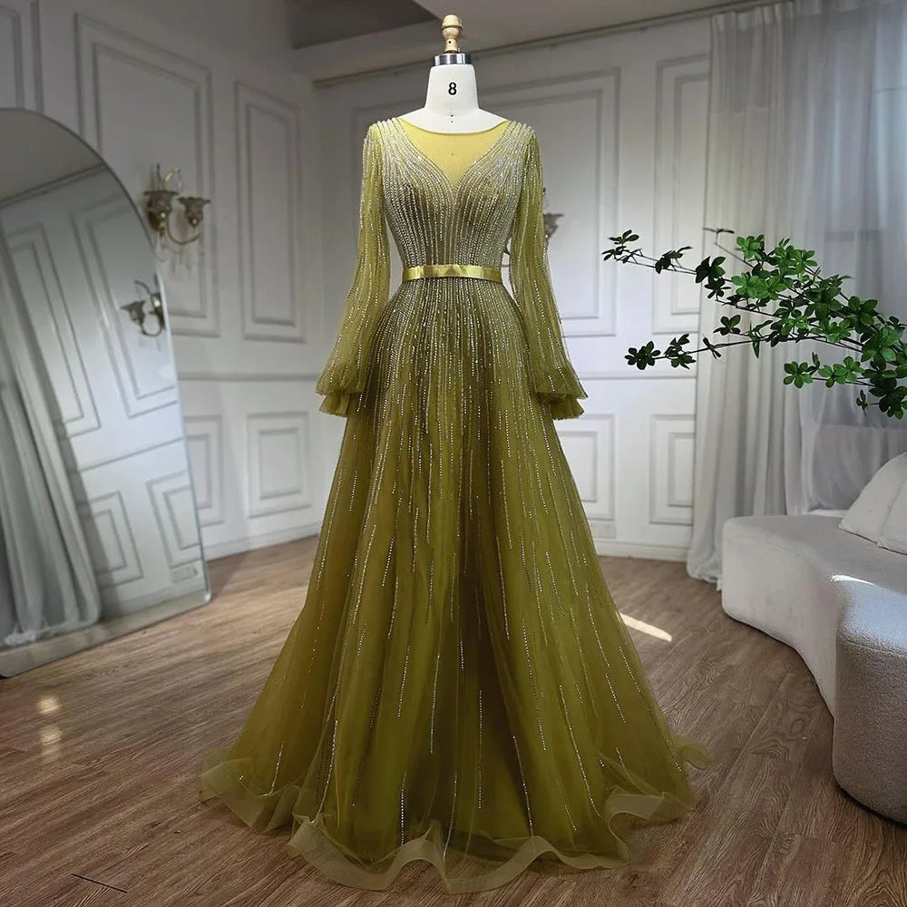 Elegante vestido de noche árabe amarillo de corte A con cuentas de lujo de Dubái para mujer, vestido de fiesta de boda 2025 LA72300 