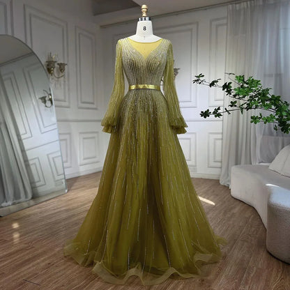 Elegante vestido de noche árabe amarillo de corte A con cuentas de lujo de Dubái para mujer, vestido de fiesta de boda 2025 LA72300 