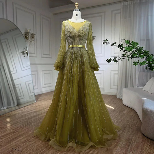 Elegante vestido de noche árabe amarillo de corte A con cuentas de lujo de Dubái para mujer, vestido de fiesta de boda 2025 LA72300 