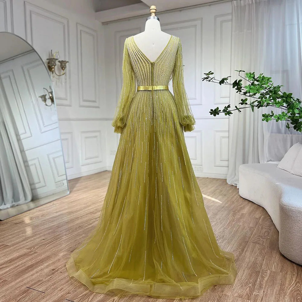 Elegante vestido de noche árabe amarillo de corte A con cuentas de lujo de Dubái para mujer, vestido de fiesta de boda 2025 LA72300 