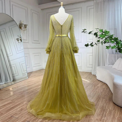 Elegante vestido de noche árabe amarillo de corte A con cuentas de lujo de Dubái para mujer, vestido de fiesta de boda 2025 LA72300 