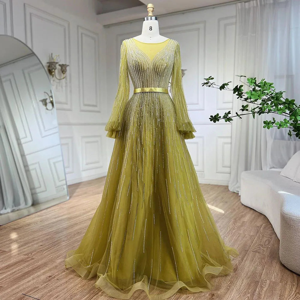 Elegante vestido de noche árabe amarillo de corte A con cuentas de lujo de Dubái para mujer, vestido de fiesta de boda 2025 LA72300 