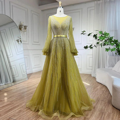 Elegante vestido de noche árabe amarillo de corte A con cuentas de lujo de Dubái para mujer, vestido de fiesta de boda 2025 LA72300 