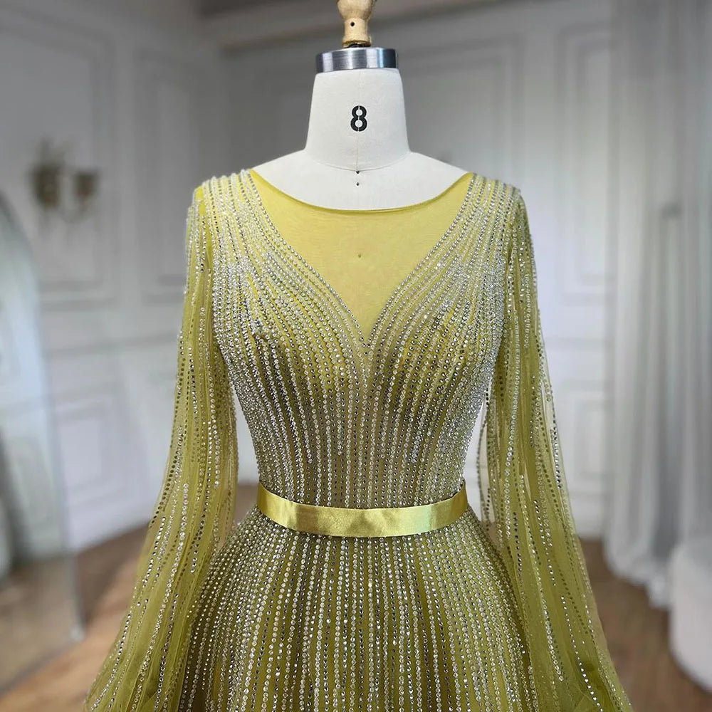 Elegante vestido de noche árabe amarillo de corte A con cuentas de lujo de Dubái para mujer, vestido de fiesta de boda 2025 LA72300 