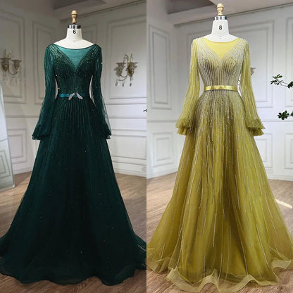Elegante vestido de noche árabe amarillo de corte A con cuentas de lujo de Dubái para mujer, vestido de fiesta de boda 2025 LA72300 