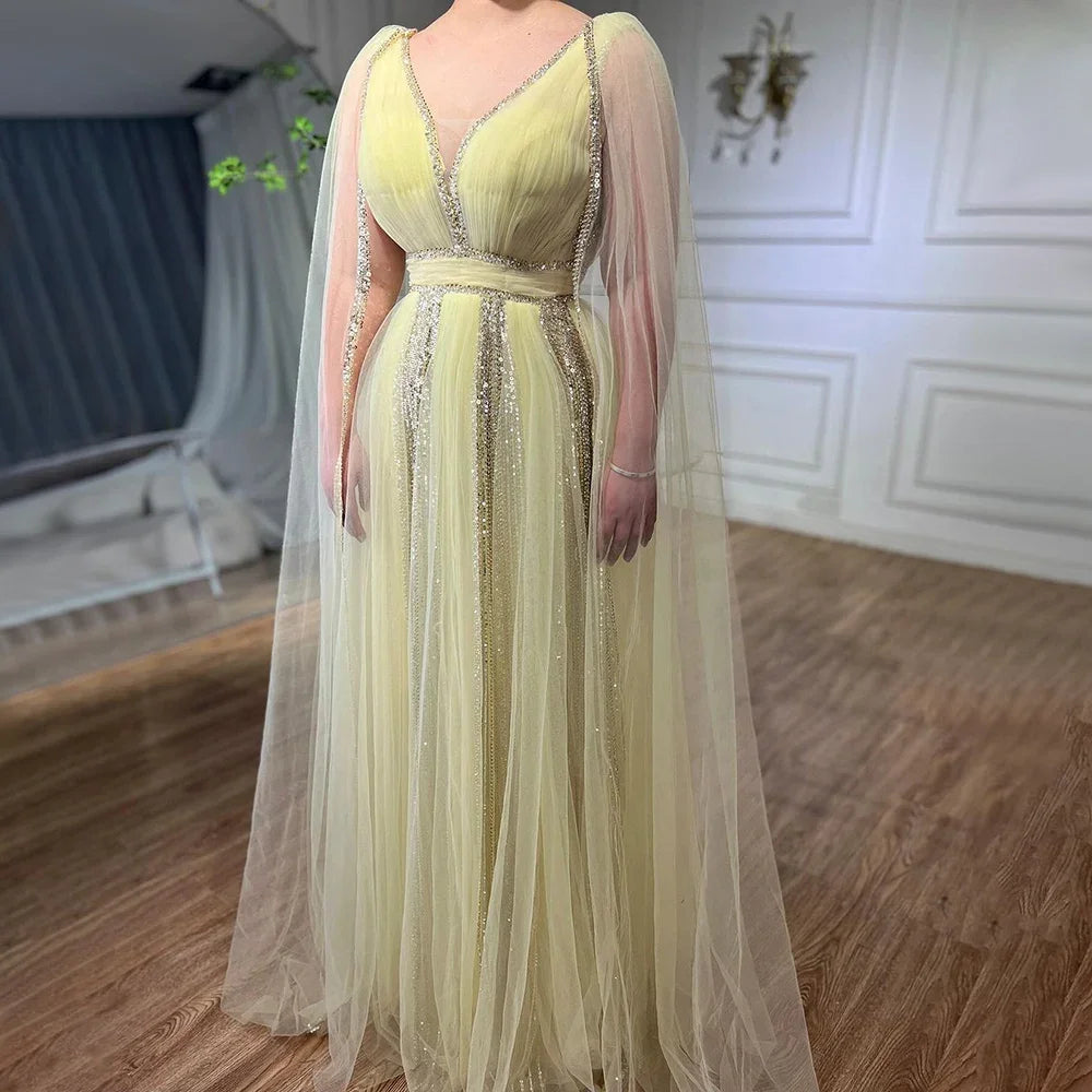 Arabisch Gelb Cape Ärmel Luxus Dubai Abendkleider EINE Linie Perlen Hochzeit Party Kleider Für Frauen 2025 LA72279 
