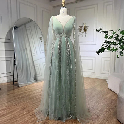 Vestidos de noche árabes de lujo con mangas abullonadas amarillas, corte A, con cuentas, para mujer, 2025, LA72279 