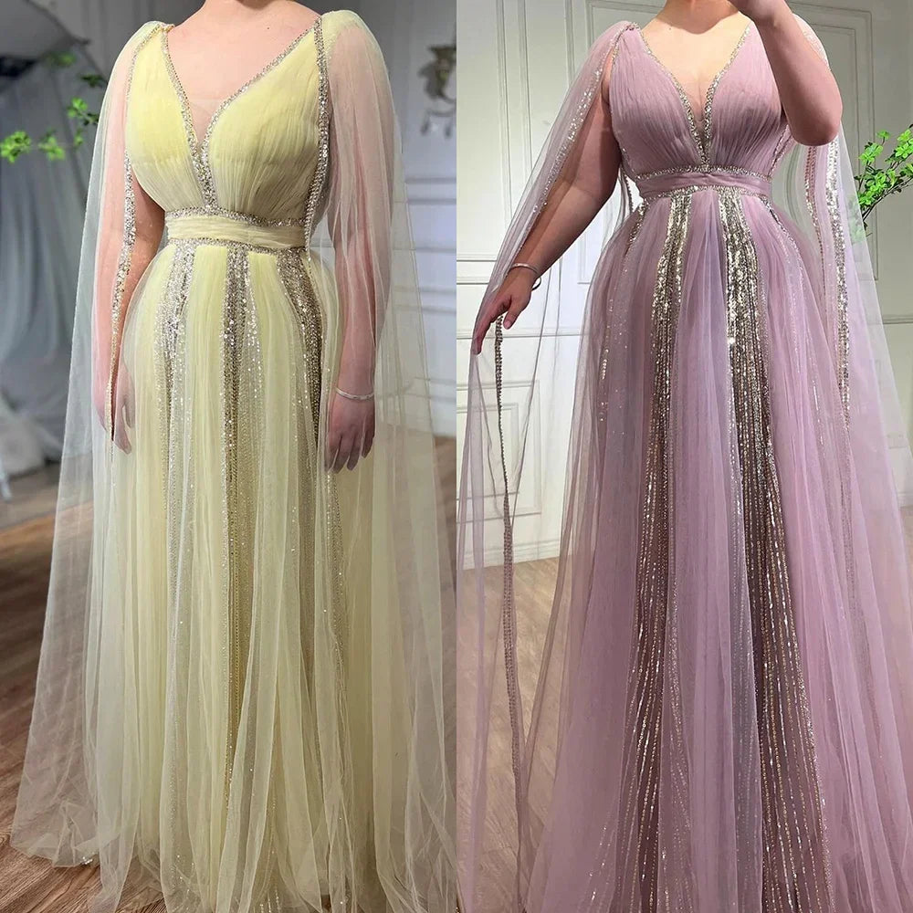 Vestidos de noche árabes de lujo con mangas abullonadas amarillas, corte A, con cuentas, para mujer, 2025, LA72279 