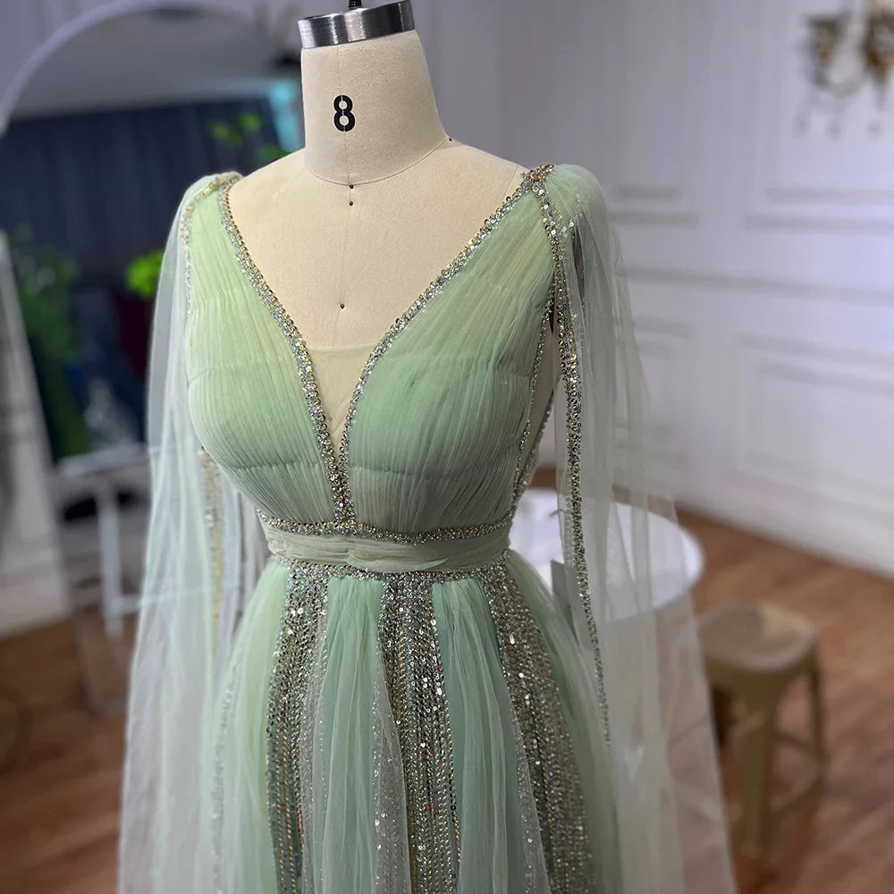 Arabisch Gelb Cape Ärmel Luxus Dubai Abendkleider EINE Linie Perlen Hochzeit Party Kleider Für Frauen 2025 LA72279 