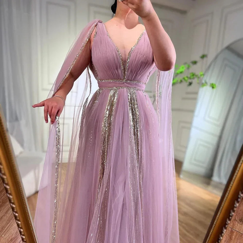 Arabic Yellow Cape Sleeves Luxury Dubai Evening Dresses A Line Beaded Wedding Party Gowns For Women 2025 LA72279