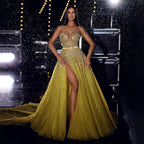 Arabisch Gelb Lllusion Sexy High Split Luxus Perlen Dubai Abendkleider Für Frauen Hochzeit Party 2025 LA71916 