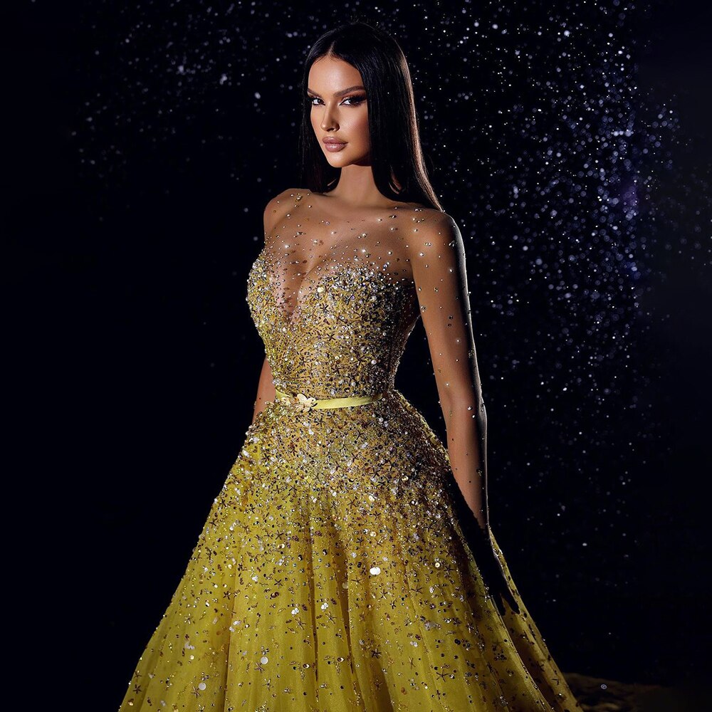 Arabic Yellow Lllusion Sexy High Split Luxury Beaded Dubai Evening Dresses For Women Wedding Party 2025 LA71916
