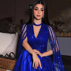 Arabisch blau A-Linie Elegante Cape-Ärmel Perlen Abendkleider Luxus Kleider 2025 Für Frauen Hochzeit Party LA72171 