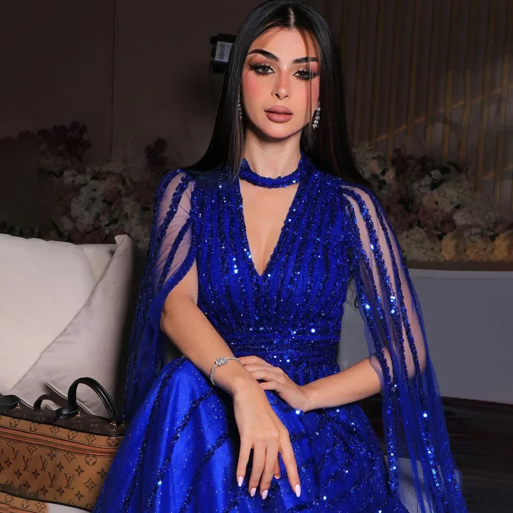 Vestidos de noche elegantes de lujo con mangas capa y cuentas en azul árabe, corte A, para mujer, para fiesta de bodas, LA72171 