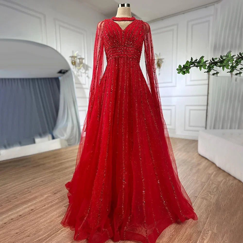 Vestidos de noche elegantes de lujo con mangas capa y cuentas en azul árabe, corte A, para mujer, para fiesta de bodas, LA72171 