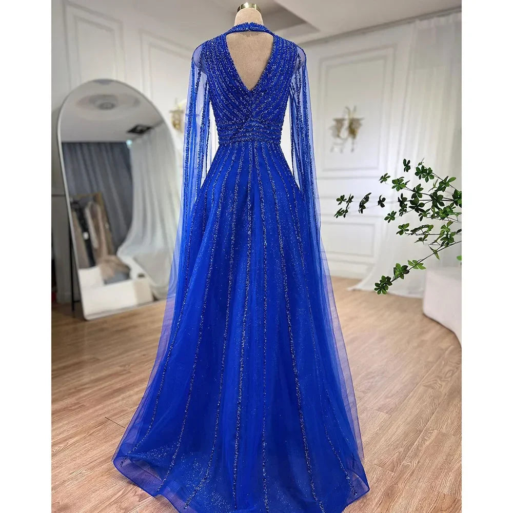 Vestidos de noche elegantes de lujo con mangas capa y cuentas en azul árabe, corte A, para mujer, para fiesta de bodas, LA72171 