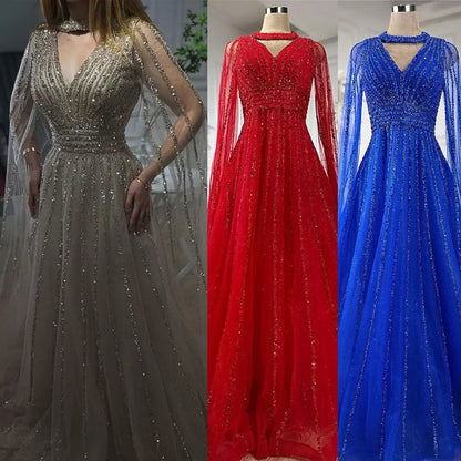 Vestidos de noche elegantes de lujo con mangas capa y cuentas en azul árabe, corte A, para mujer, para fiesta de bodas, LA72171 