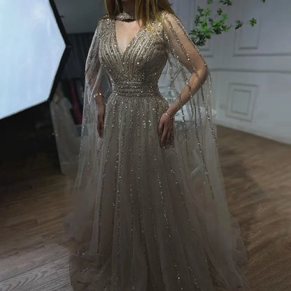 Vestidos de noche elegantes de lujo con mangas capa y cuentas en azul árabe, corte A, para mujer, para fiesta de bodas, LA72171 