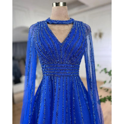 Vestidos de noche elegantes de lujo con mangas capa y cuentas en azul árabe, corte A, para mujer, para fiesta de bodas, LA72171 