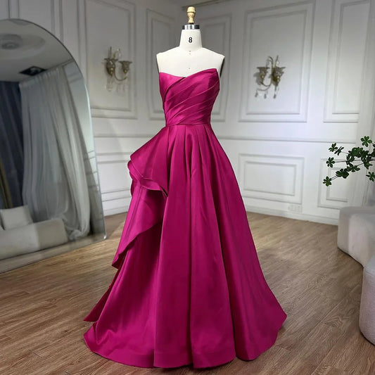 Elegante vestido de noche árabe fucsia de satén sin tirantes, corte A, para mujer, para boda, fiesta, 2025, LA72313 
