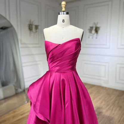 Elegante vestido de noche árabe fucsia de satén sin tirantes, corte A, para mujer, para boda, fiesta, 2025, LA72313 