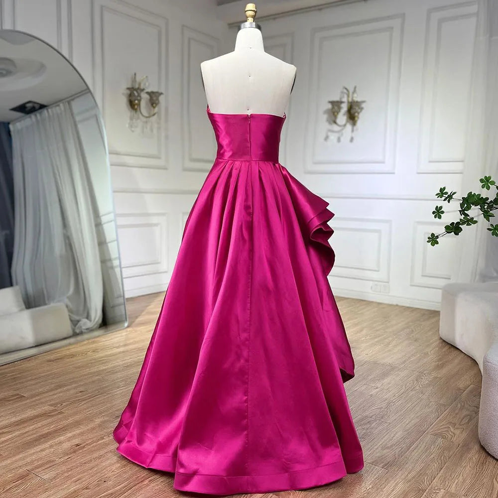 Elegante vestido de noche árabe fucsia de satén sin tirantes, corte A, para mujer, para boda, fiesta, 2025, LA72313 
