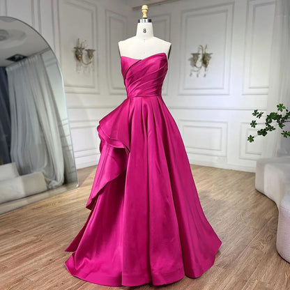 Elegante vestido de noche árabe fucsia de satén sin tirantes, corte A, para mujer, para boda, fiesta, 2025, LA72313 